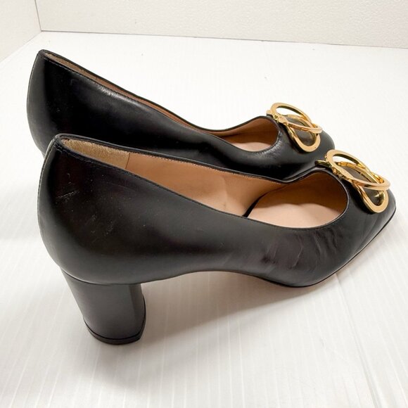 Stuart Weitzman Anicia 60 Black Leather Pumps Gold Buckle Size 5.5 Block Heel - Picture 6 of 13